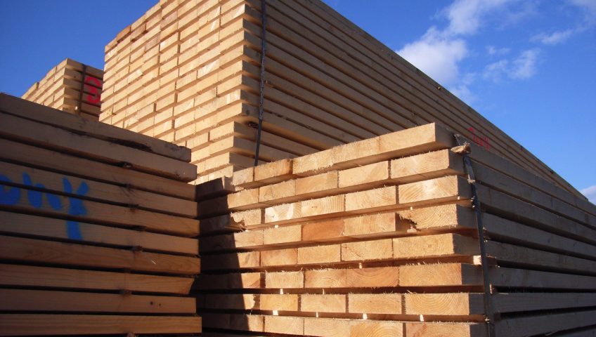 Timber beams in a storage yard