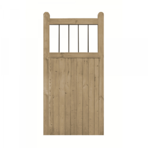 Windsor Gate combines tongue and groove boarding with a section of black metal bars.