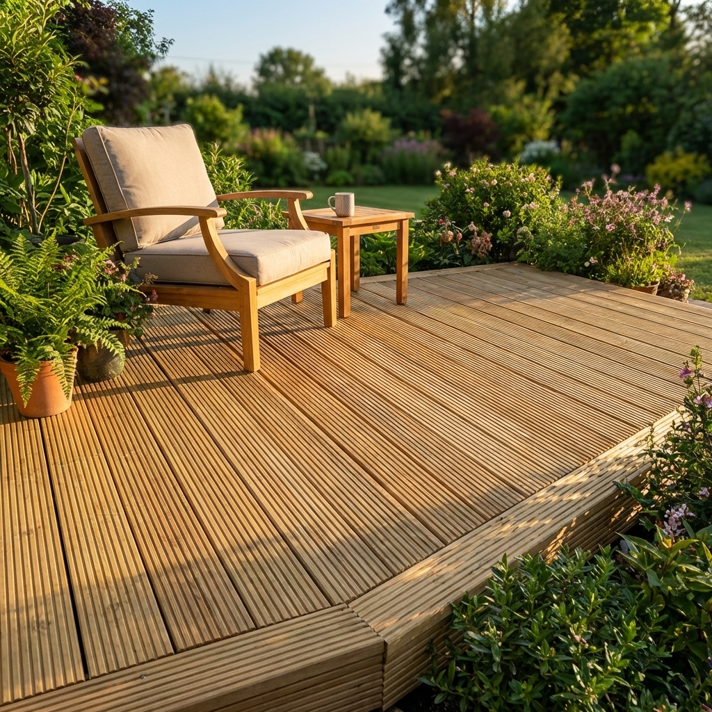 Close-up of high-quality grooved wooden decking boards in a spring garden setting, showcasing the natural wood grain and professional timber installation.
