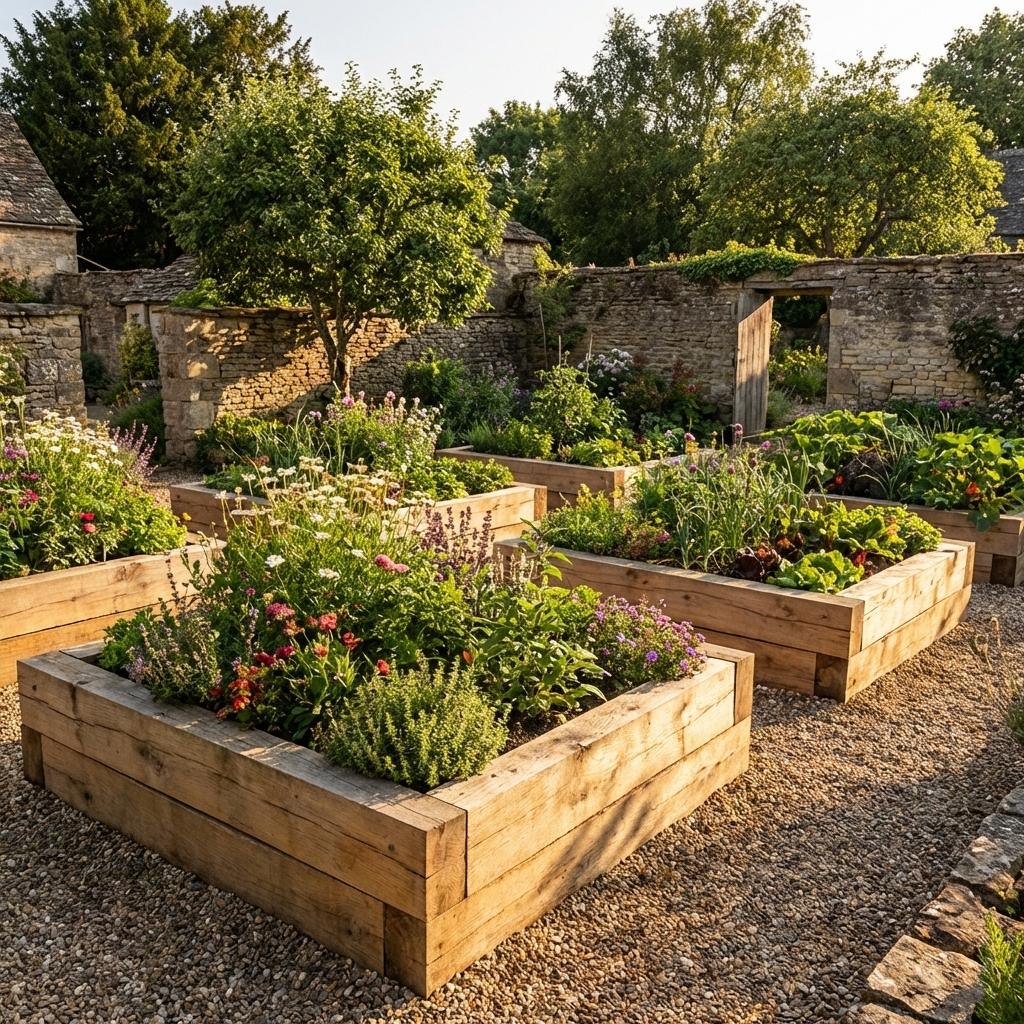 Multiple raised garden beds constructed from heavy-duty timber sleepers, filled with blooming spring flowers and vegetables in a gravel-path courtyard.