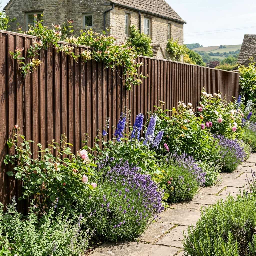 Brown Treated Closeboard Panel Fencing in a traditional cottage style garden